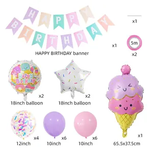 Cartoon Eiscreme Party-Set mit Happy Birthday Banner und pastellfarbenen Ballons