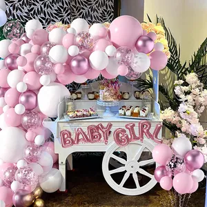 Pink and white balloon garland arch with Baby Girl foil letters for party background decor