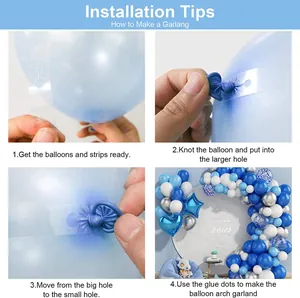 Detailed step-by-step guide for assembling a blue balloon arch kit with glue and tape