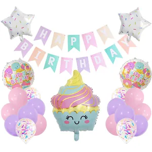 Cartoon Eiscreme Party Set mit Pastell Folienballons und Happy Birthday Banner