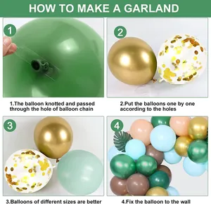 Dschungelgrüne Ballonbogen-Set Montageanleitung mit gold-glänzenden Latexballons für Partys
