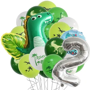 Dinosaur Theme Birthday Party Balloon Decoration With Green Cartoon Dinosaur Silver Number Foil Balloons Palm Leaves Latex Balloons For Kids Jungle Party