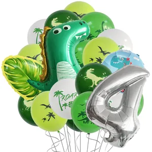Dinosaur birthday party decoration set with green dinosaur and silver number 4 balloon