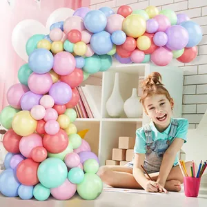 Pastel macaron balloon arch kit featuring assorted sizes for birthday party decorations