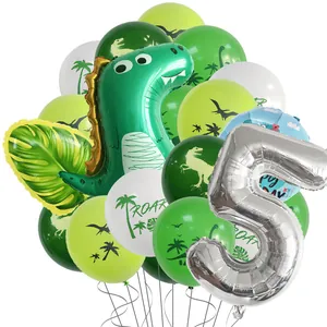 Dinosaur birthday party balloon set with green dinosaur and silver number 5 foil balloons