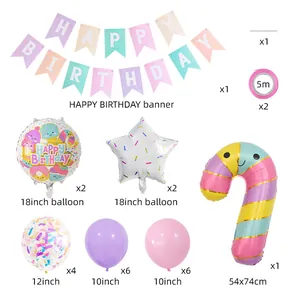 Detaillierte Übersicht des Macaron-Eiscreme-Geburtstagssets mit Ballons und Banner