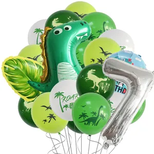 Detailed set of dinosaur party balloons featuring a large green dino and silver number 7