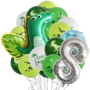 Detailed dinosaur 8th birthday party set with green T-Rex and silver number 8 balloons