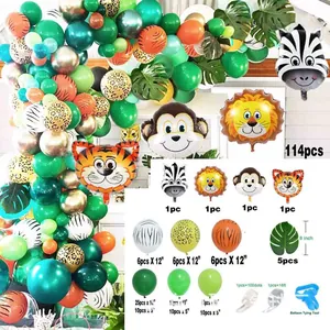 Kit de 114 ballons thème jungle avec ballons lion tigre et feuilles de palmier déco
