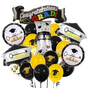 Latex Foil Graduation Balloons Congrats Grad Mortarboard Pattern Black Gold White Party Celebration Decorations