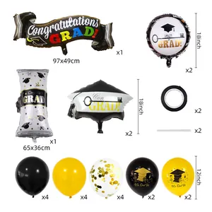 Black and gold graduation balloon set including foil banners and latex balloons kit