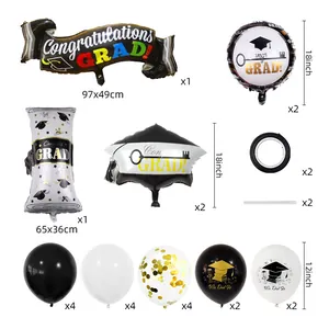 Detailed set of black and gold graduation balloons with sizes and quantities listed