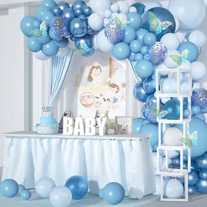 Blue and white balloon arch kit with decorative butterflies and baby letter blocks for parties