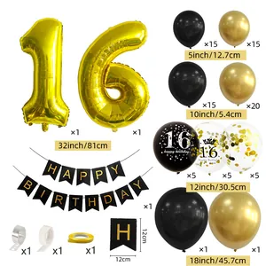 Detail list of 16th birthday balloon arch kit with gold number foil and black latex pieces