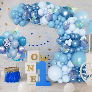 Blue and white balloon arch kit with metallic butterflies for 1st birthday party decor