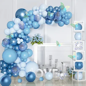 Blue and white balloon arch kit with metallic butterflies and decorative love letters