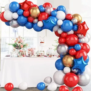 Detailed L-shaped red white and blue balloon arch with metallic gold stars and balloons