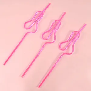 Set of three pink PET artistic straws with bride theme silhouette for bridal party events