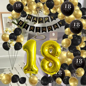 Black and gold 18th birthday decoration set with balloons and happy birthday banner