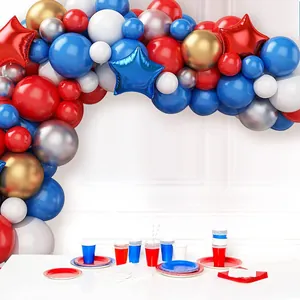Detail of red blue and white balloon arch kit with matching party tableware set