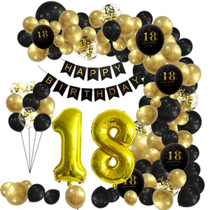 Black and gold 18th birthday party balloon arch with Happy Birthday banner