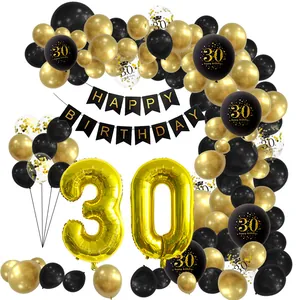 32-inch black and gold 30th birthday party kit with balloons and Happy Birthday banner