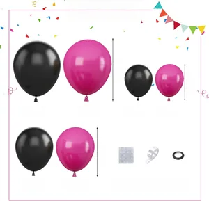 Balloon arch kit includes various black and magenta latex balloons with assembly tools