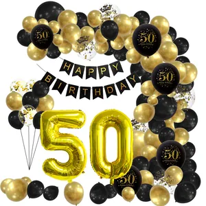 50th birthday party decoration kit with black and gold balloons and happy birthday banner
