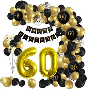 Detailed black and gold 60th birthday decoration set with balloons and banner
