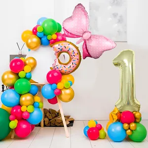Kids birthday balloon set with gold number 1, donut foil balloon and colorful latex balloons