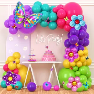 Kleurrijke Vlinder Ballonnenboog Decoratie Madeliefje Bloem Folieballonnen Kinder Verjaardagsfeest Achtergrond Slinger