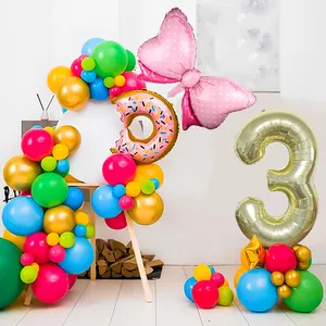 Donut Theme Kids Birthday Party Balloon Column Decoration Golden Number Foil Balloon Pink Bow Multi Color Latex Balloons Baby Shower Celebration