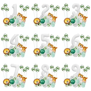 Jungle Animal Theme Birthday Party Balloon Set White Number Foil Balloon Lion Tiger Giraffe Cartoon Kids Party Decor