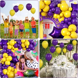 Detailed views of yellow and purple balloon garland kit for basketball birthday party scenes