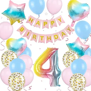 Gradient 40-inch number 4 balloon set with Happy Birthday banner for girl's party deco