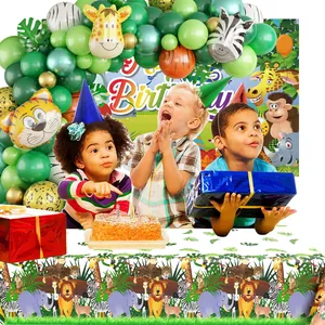 Set de fiesta de safari selva con globos de bosque y fondo de dibujos animados