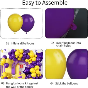 Four-step assembly guide for yellow and purple balloon garland kit for birthday parties