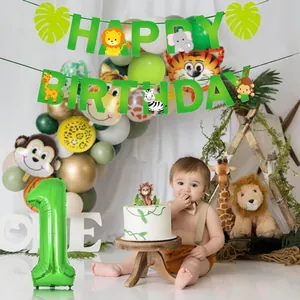 Kit d'anniversaire animaux de la jungle avec bannière et ballon chiffre un vert