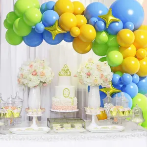 Blue, yellow and green balloon arch kit with gold stars for party backdrop decoration