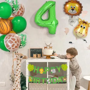Décoration de fête d'anniversaire animaux jungle avec chiffre 4 vert et ballon lion