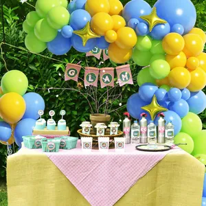 Balloon garland kit with blue green yellow latex and gold star foil balloons for party