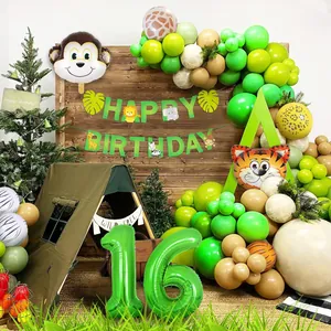 Kit fête jungle avec ballons animaux, chiffre 16 vert et bannière Happy Birthday