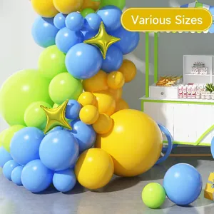 Detailed balloon arch kit with blue, green, yellow latex and gold star foil balloons