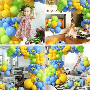 Teal and yellow balloon garland kit with gold star foils for party backdrop decor