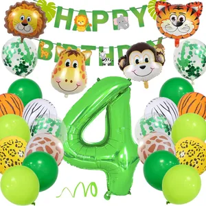 Kit anniversaire 4 ans thème jungle avec ballons animaux lion tigre et chiffre quatre