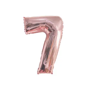Detail von roségoldenem Nummer 7 Folienballon mit Metallstruktur und Aufhängelöchern