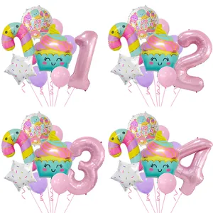 Macaron Eiscreme Süßigkeiten Geburtstag Ballon Set Rosa Zahl Aluminiumfolie Latex Ballons Für Baby Kinder Party Dekoration Requisiten