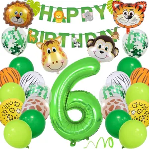 Kit 6ème anniversaire thème jungle avec ballons animaux et bannière joyeux anniversaire