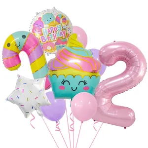 Detailansicht Geburtstagsballon-Set mit Eiscreme-Motiven und rosa Zahlen-Luftballon