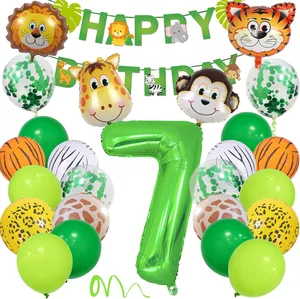 Kit anniversaire jungle avec bannières animaux et ballon chiffre 7 vert décoratif